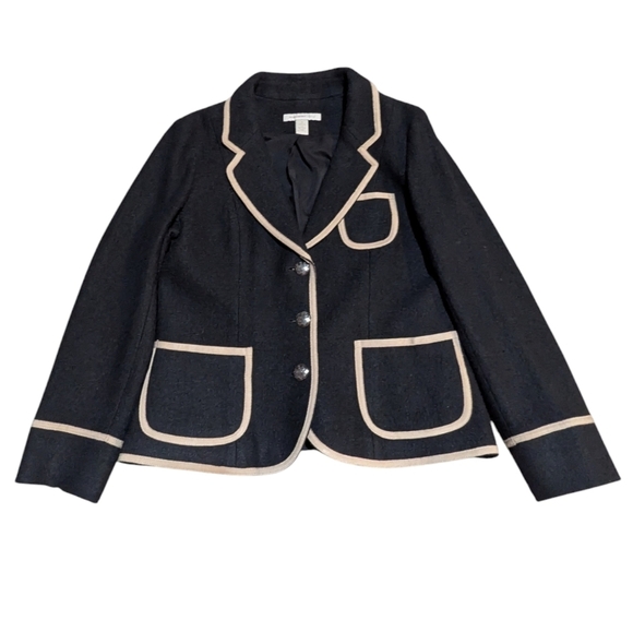 Banana Republic Heritage Black Wool Blend Blazer Tan Piping Academia Preppy 10 - Picture 2 of 9